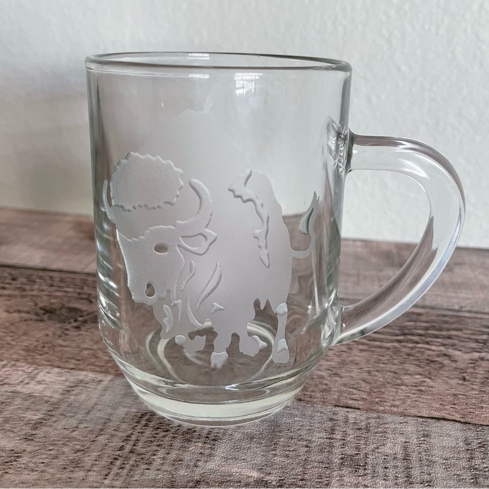 Buffalo Bison 3D Frosted Etched Clear Glass Mug 4” Tall 8oz USA